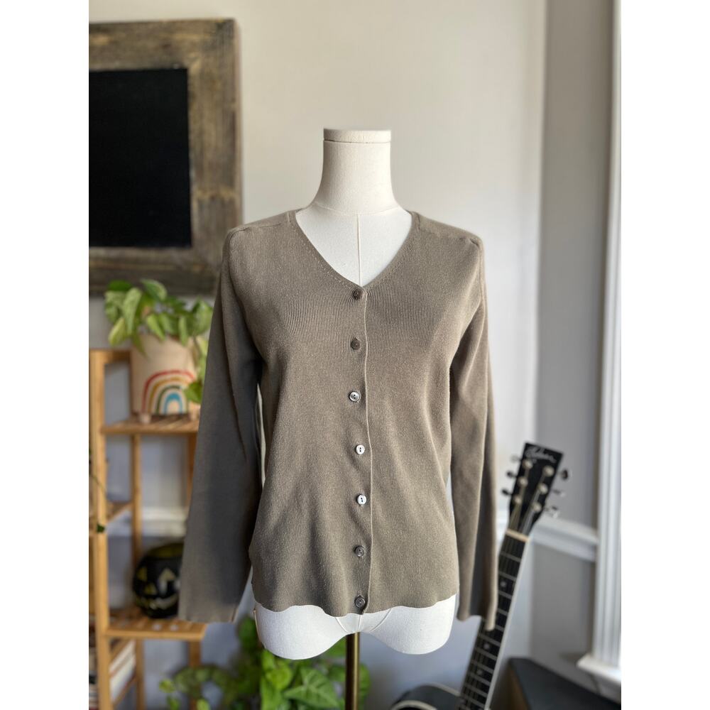 Vintage Y2K Cardigan Sweater Green Gray Cotton Knit Eddie Bauer Size Small